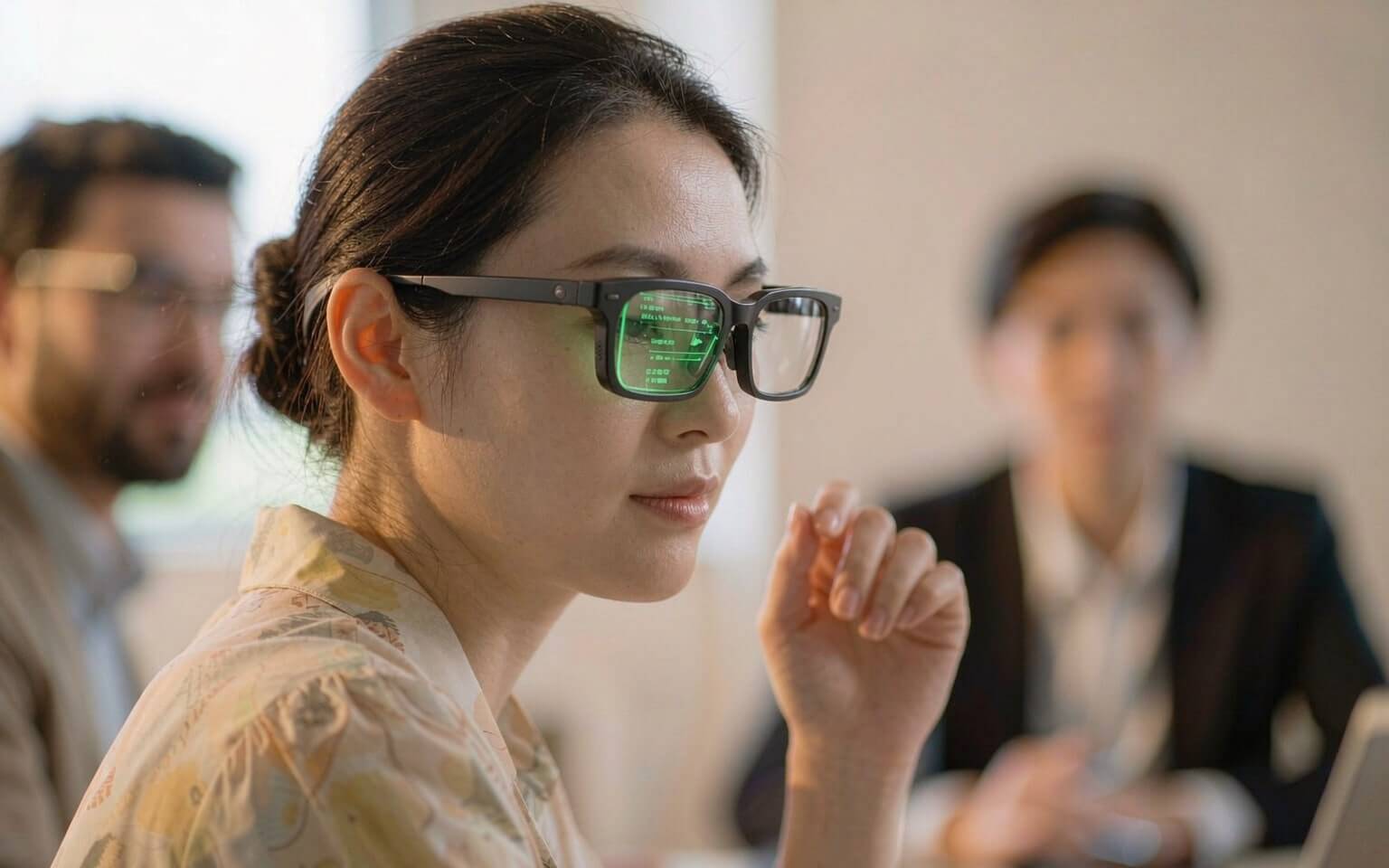 Wearing NOLO AI Glasses in a meeting, with green subtitles appearing in the lens